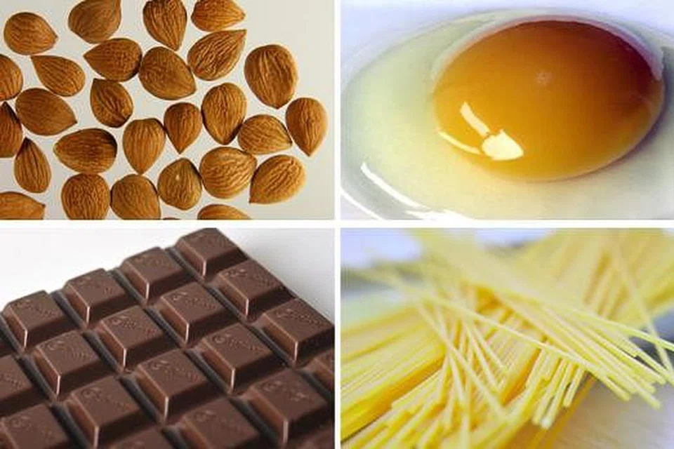 BAIK UNTUK JANTUNG: Memakan (ikut jam dari gambar kiri teratas) badam, telur, pasta dan coklat gelap dikenal pasti dapat membantu menurunkan kadar LDL dan mengawal berat badan. - Foto-foto fail