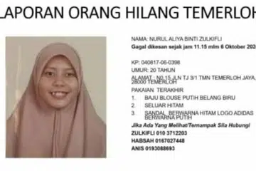 Remaja, Cik Nurul Aliya Zulkifli, 20 tahun, disedari hilang selepas membuang sampah di kawasan rumah keluarganya di Taman Temerloh Jaya, Temerloh, Pahang, pada 11.15 malam, 6 Oktober.