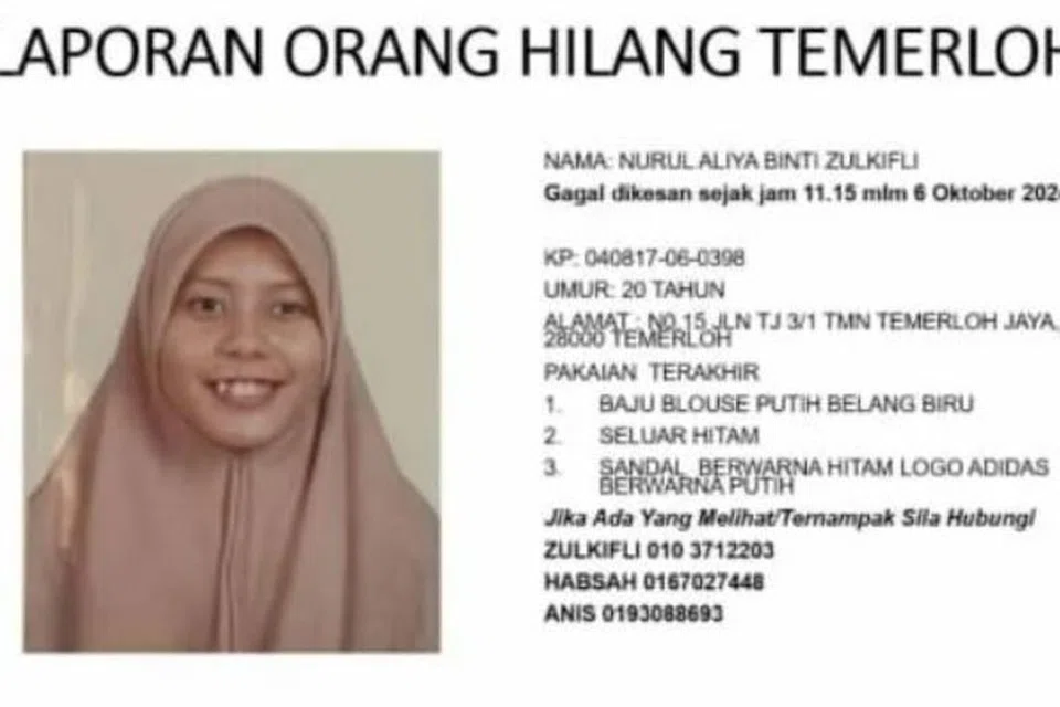 Remaja, Cik Nurul Aliya Zulkifli, 20 tahun, disedari hilang selepas membuang sampah di kawasan rumah keluarganya di Taman Temerloh Jaya, Temerloh, Pahang, pada 11.15 malam, 6 Oktober.