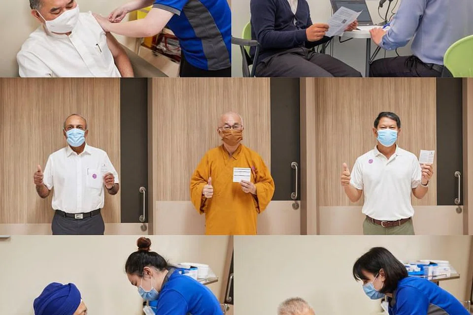 Tujuh pemimpin agama termasuk Mufti Dr Nazirudin Mohd Nasir (atas, kanan), telah menerima suntikan dos pertama vaksin Covid-19 mereka hari ini. - Foto MCCY