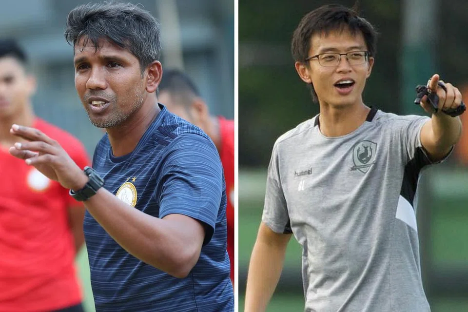 MASIH BERSAING: Jurulatih Tampines Gavin Lee (kanan) dan Jurulatih Geylang Noor Ali. - Foto-foto fail
