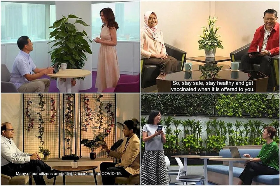 GANDING BAHU: (Dari atas kiri, ikut putaran jam) Encik Ong Ye Kung dan Zoe Tay; Cik Rahayu Mahzam dan DJ RZ; Cik Josephine Teo dan Xiang Yun; dan Encik S Iswaran dan Saravanan Ayyavoo berganding bahu dalam video yang menggalakkan warga emas mendapatkan vaksinasi Covid-19 mereka. - Foto TANGKAP LAYAR YOUTUBE