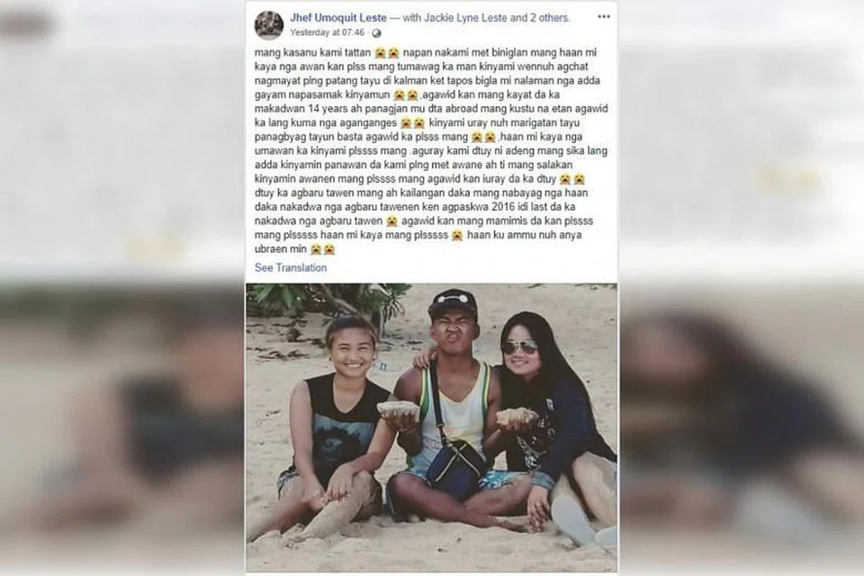 TERKEJUT: Encik Jhef Umoquit Leste berkata pemergian ibunya, Cik Abigail Danao Leste, mengejutkan keluarganya.