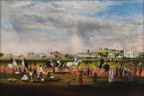 John Turnbull Thomson, ‘The Esplanade from Scandal Point’, 1851 Cat minyak di atas kanvas, 59 x 89 cm. Hadiah Puan. F. G. Hall-Jones Koleksi Muzium Negara Singapura. 