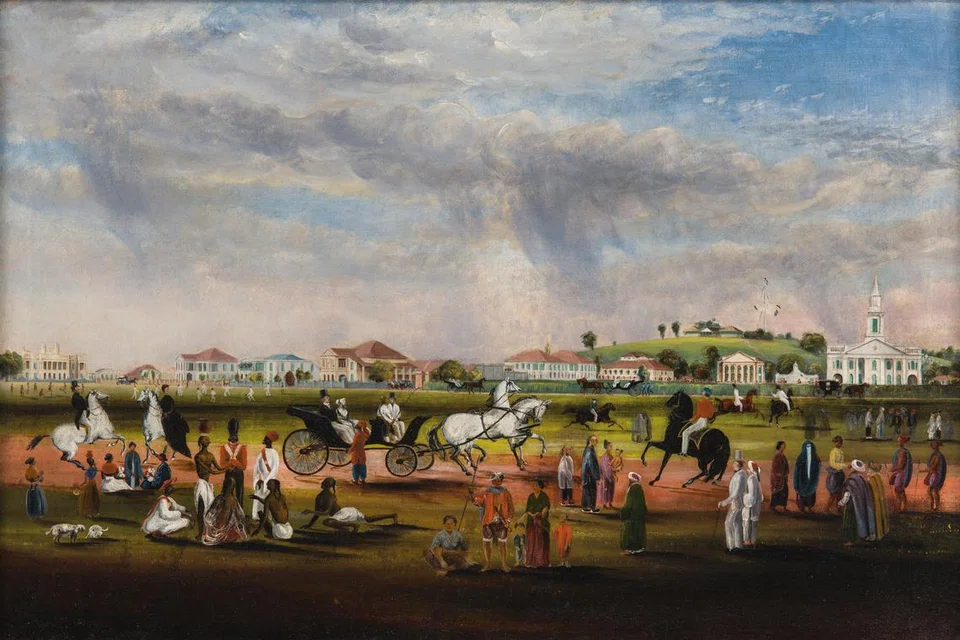 John Turnbull Thomson, ‘The Esplanade from Scandal Point’, 1851 Cat minyak di atas kanvas, 59 x 89 cm. Hadiah Puan. F. G. Hall-Jones Koleksi Muzium Negara Singapura. 