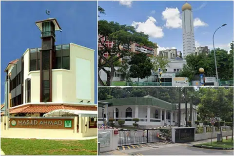 DITUTUP: Masjid Ahmad (kiri), Masjid En-Naeem (atas kanan) dan Masjid Temenggong Daeng Ibrahim ditutup hari ini bagi kerja pembersihan dan penyahjangkitan.