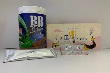 KANDUNGAN BAHAYA: Produk yang diuji oleh HSA ini didapati mengandungi bahan bahaya. (Dari kiri, ikut putaran jam) BB Body dan Bello Smaze, Choco Fit serta Seahorse Chop Du Zhong Ba Ji Wan.