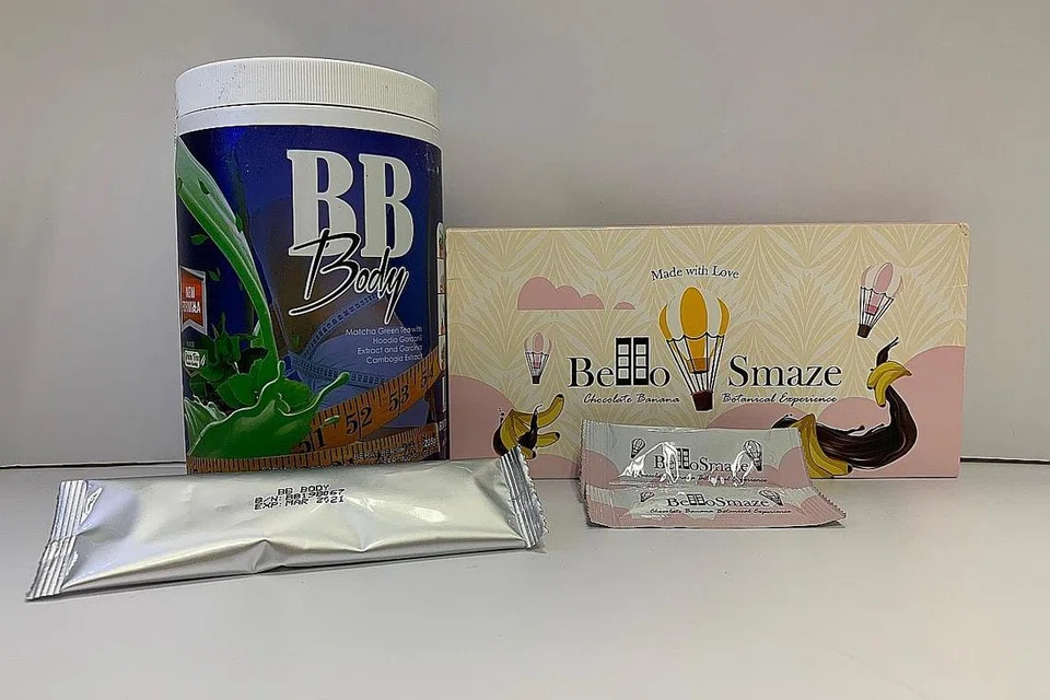 KANDUNGAN BAHAYA: Produk yang diuji oleh HSA ini didapati mengandungi bahan bahaya. (Dari kiri, ikut putaran jam) BB Body dan Bello Smaze, Choco Fit serta Seahorse Chop Du Zhong Ba Ji Wan.