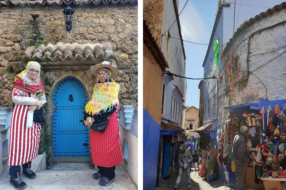 MENCUBA PAKAIAN TRADISIONAL: Penulis (gambar kiri, berdiri sebelah kiri) berpeluang mencuba pakaian tradisional wanita Chefchaouen. Beliau turut meluangkan masa meneroka lorong-lorong kecil Chefchaouen untuk mengenali 'warna-warni' kehidupan penduduknya.