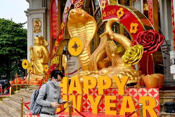 Seorang lelaki melintasi hiasan ular yang dipamerkan menjelang sambutan Tahun Baru Cina yang menandakan ketibaan Tahun Ular, di Hanoi, Vietnam.