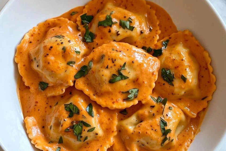 ‘Ravioli’ yang berbentuk segi empat atau bulat mempunyai pelbagai inti. ‘Ravioli’ disajikan dengan sos tomato berkrim. 