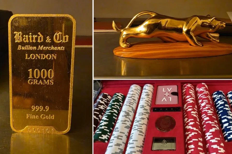 Antara barangan yang disita termasuk 84 beg mewah bernilai kira-kira RM3 juta; 11 unit jam tangan berjenama berjumlah kira-kira RM1 juta; serta jongkong, syiling dan patung emas bernilai kira-kira RM3 juta.