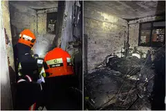 Bilik tidur dan barang dalam flat ini terbakar dan terjejas teruk akibat kebakaran, dengan dinding dan siling turut berubah warna.