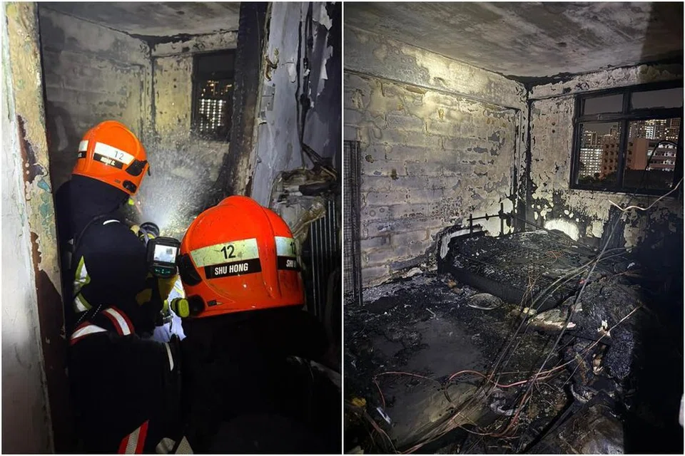Bilik tidur dan barang dalam flat ini terbakar dan terjejas teruk akibat kebakaran, dengan dinding dan siling turut berubah warna.