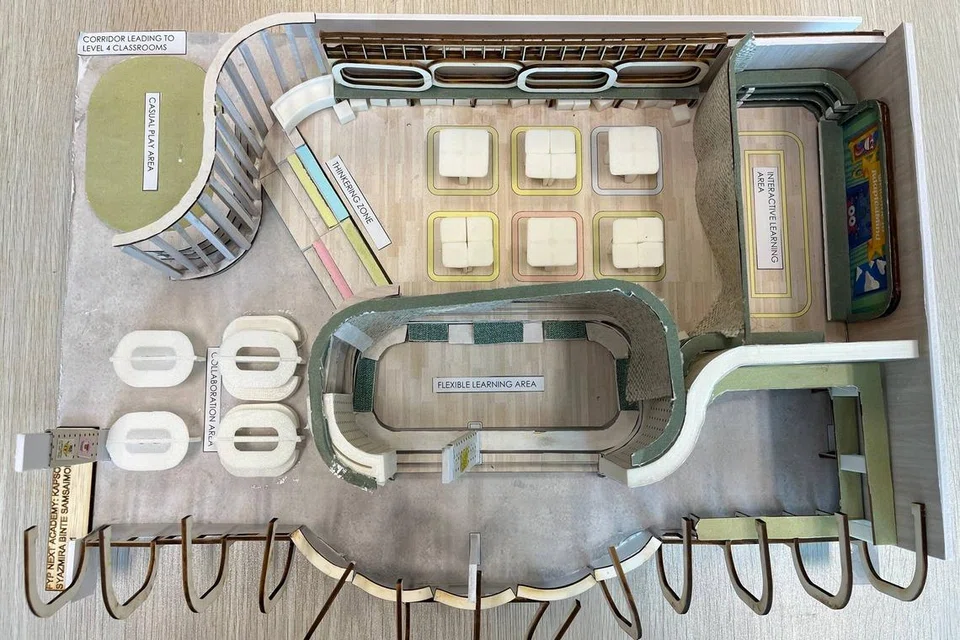 Model ruang pembelajaran yang direka oleh Cik Syazmira bagi projek Kapsool. Ruang pembelajaran bersebelahan dengan bilik darjah ini dibahagikan kepada zon-zon untuk menyokong cara pembelajaran yang berbeza, termasuk zon pembelajaran individu, berkumpulan dan bebas