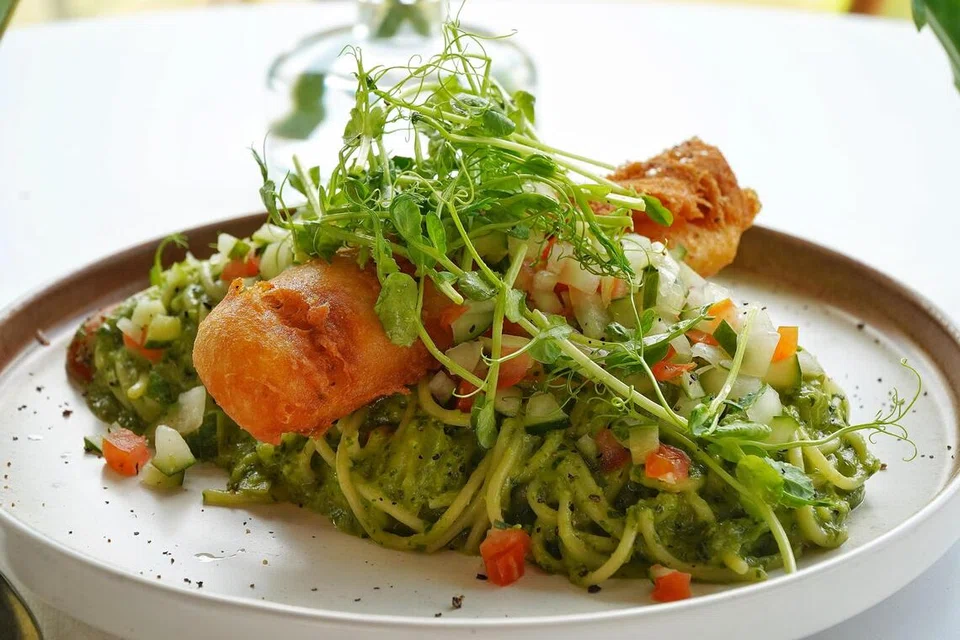 Creamy Avocado Buttermilk Fried Cod Fish Pasta, pasta