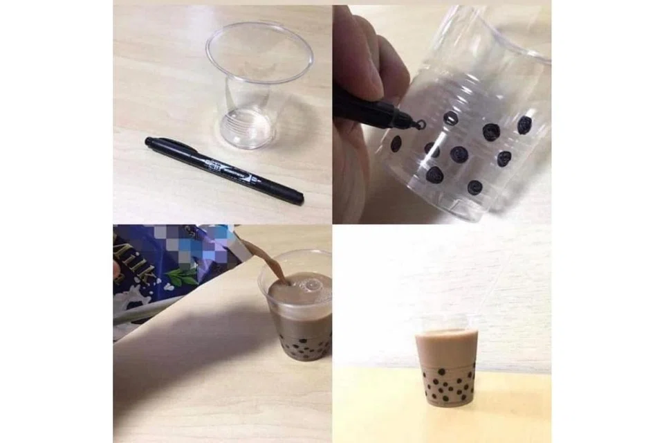 JANGAN KEMPUNAN: Mereka yang terlepas membeli 'bubble tea' sebelum kedai itu diarah ditutup boleh mencuba 'idea kreatif' dengan melukis bebola pearl di cawan plastik. - Foto FACEBOOK/INTERNET