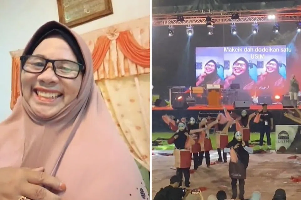 VIRAL: Cik Che Mas Mat Yusof, 65 tahun, (kiri) seorang pengendali kedai runcit di Bera Pahang, menjadi tular baru-baru ini atas satu video beliau berzikir seolah sedang mendodoikan bayi untuk tidur, dan videonya juga ditayangkan di sebuah stadium di satu universiti di Seremban (kanan).