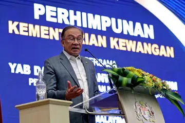Perdana Menteri Malaysia, Datuk Seri Anwar Ibrahim, ketika berucap pada Majlis Perhimpunan Bulanan Kementerian Kewangan bersama Perdana Menteri yang juga Menteri Kewangan bagi Bulan Oktober 2025 pada 15 Oktober.