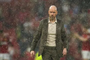 Pengurus Manchester United, Eric ten Hag, selepas wisel penamat yang menyaksikan skuad kendaliannya tewas 0-1 di tangan Arsenal di padang sendiri pada 12 Mei.