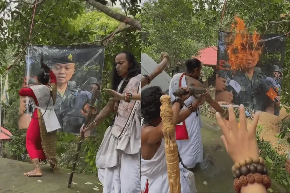 Paparan daripada video yang menunjukkan bomoh Kemboja menjalankan ritual maut sambil mendoakan kematian awal Komander Tentera Wilayah Kedua Thailand.