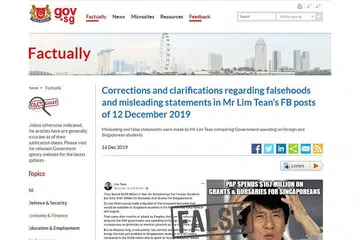 NOTIS PEMBETULAN: Arahan pembetulan yang memerlukan Encik Lim Tean menyiarkan sepenuhnya notis pembetulan di bahagian atas kedua-dua pos Facebook beliau. - Foto LIMTEAN/YOUTUBE, GOV.SG