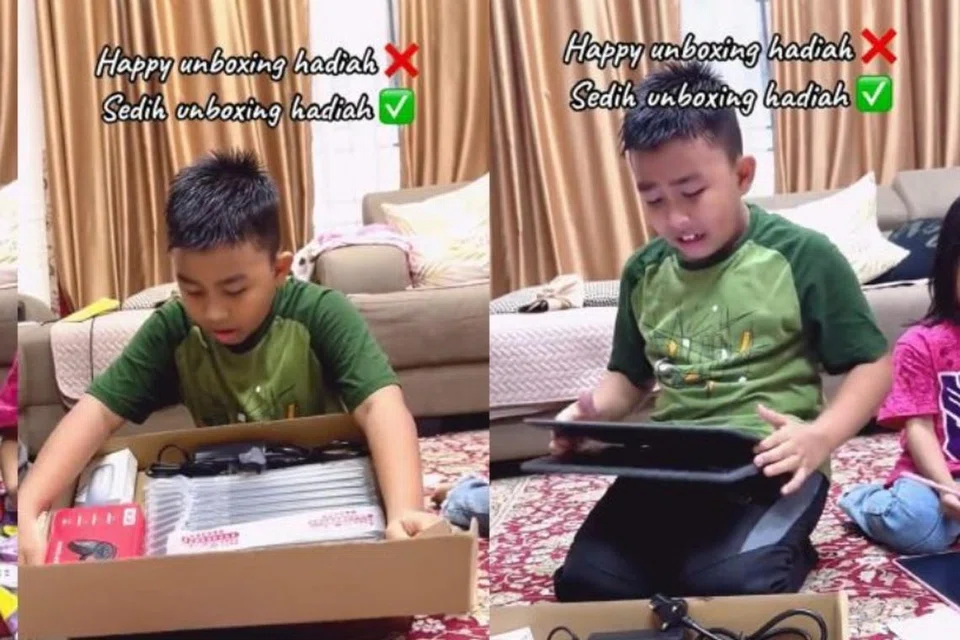 Si anak tidak dapat menahan rasa sebak kerana terharu diberi komputer riba dan pengawal peranti sebagai hadiah. Reaksi kanak-kanak itu, yang dimuat naik di TikTok pada 4 Februari oleh @farhanimsamsudin menarik perhatian ramai netizen dan tular.