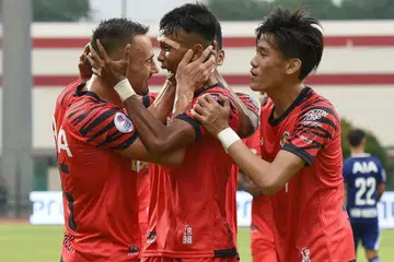 RAIKAN GOL: Pemain Balestier (dari kiri) Kristijan Krajcek, Hazzuwan Halim dan Daniel Goh, meraikan gol pasukan semasa kemenangan ke atas Geylang International. - Foto BKFC 