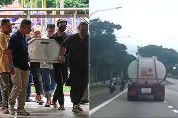 Jenazah Encik Zdulfika Ahakasah (kiri) tiba di blok rumahnya di Ang Mo Kio pada 5 Jun. Beliau maut setelah motosikal yang ditunggangnya merempuh pembahagi jalan ketika beliau mengejar seorang penunggang motosikal yang cuba melarikan diri pada 4 Jun.