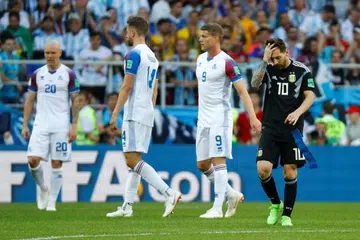 Pemain Argentina Lionel Messi kelihatan kecewa selepas perlawanan Piala Dunia dengan Iceland di Stadium Spartak, pada 12 Jun, 2018. 