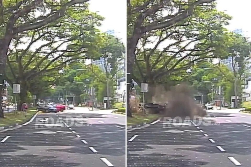 TERBABAS: Sebuah teksi berwarna merah kelihatan berlanggar dengan sebuah kereta hitam (kiri) sambil seorang wanita yang berada berdekatan nyaris dilanggar dalam insiden itu.