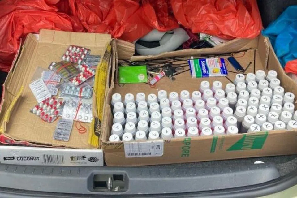 SIRAP BATUK DIRAMPAS: Terdapat sirap batuk dan pelbagai produk peningkatan seksual dengan anggaran nilai lebih $11,000 yang telah dirampas.
