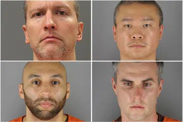 Bekas pegawai polis Minnesota (ikut putaran jam dari atas, kiri) Derek Chauvin, Tou Thao, Thomas Lane dan J. Alexander Kueng, didakwa kerana terlibat dalam pembunuhan lelaki berkulit hitam George Floyd. 