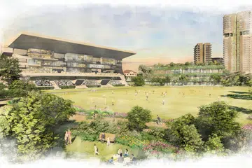 Gambaran artis dua astaka besar dan ruang terbuka yang akan diterapkan dalam projek pembangunan kawasan kediaman di tapak Turf City di Bukit Timah.
