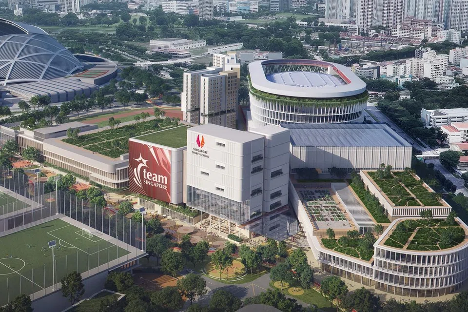 Gambaran artis bangunan baru, ‘Home of Team Singapore’, bagi menyokong kecemerlangan atlet nasional Singapura yang bakal dibina di Hab Sukan Singapura sebagai sebahagian daripada Pelan Induk Kallang Alive. 