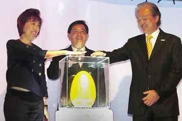 LANCARKAN KAPSUL MASA: Encik Heng (tengah), yang diapit oleh Presiden Snef, Dr Robert Yao (kanan), dan Presiden NTUC, Cik Mary Liew, sama-sama melancarkan kapsul masa yang akan dibuka semula pada 2030. Kapsul masa itu antara lain mengandungi cip bijak dan kad SD mengandungi risalah NTUC dan cetakan coklat 3D. - Foto ZAOBAO