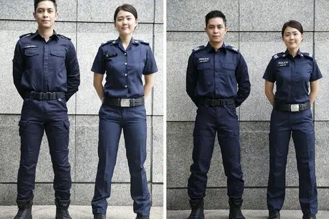 BERWAJAH BARU: Pegawai polis di barisan depan akan mengenakan pakaian seragam baru (kanan) mulai minggu depan. Mereka kini memakai pakaian seragam seperti yang dilihat dalam gambar kiri.