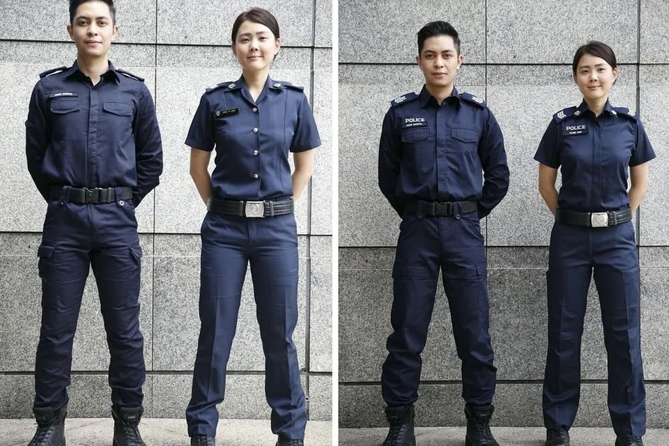 BERWAJAH BARU: Pegawai polis di barisan depan akan mengenakan pakaian seragam baru (kanan) mulai minggu depan. Mereka kini memakai pakaian seragam seperti yang dilihat dalam gambar kiri.