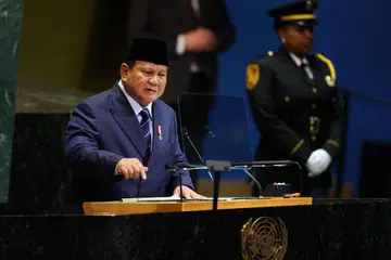 Presiden Indonesia, Prabowo Subianto, berucap semasa Perbahasan Umum Perhimpunan Agung PBB di ibu pejabat PBB, New York City, pada 23 September 2025.
