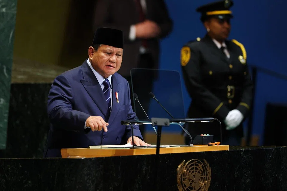 Presiden Indonesia, Prabowo Subianto, berucap semasa Perbahasan Umum Perhimpunan Agung PBB di ibu pejabat PBB, New York City, pada 23 September 2025.