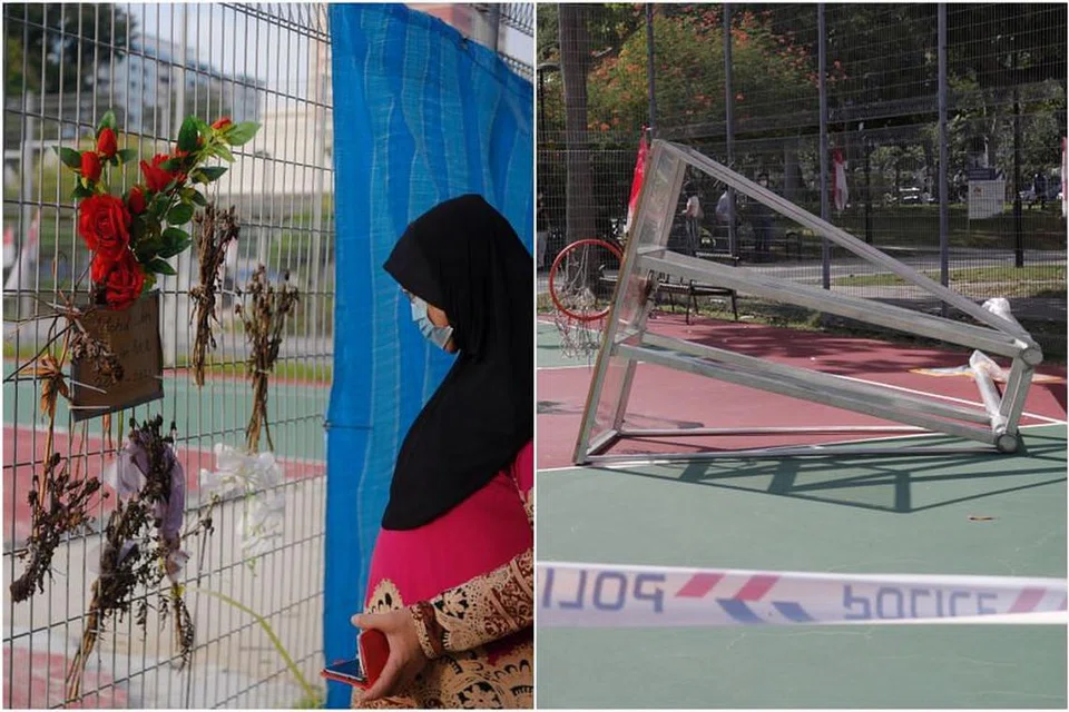 Cik Rahimah Lee Abdullah di gelanggang bola keranjang di mana anaknya Mohd Ridwan meninggal dunia setelah struktur papan bola keranjang (kanan) jatuh menimpanya pada Julai lau. - Foto BH oleh MARK CHEONG, TIMOTHY DAVID