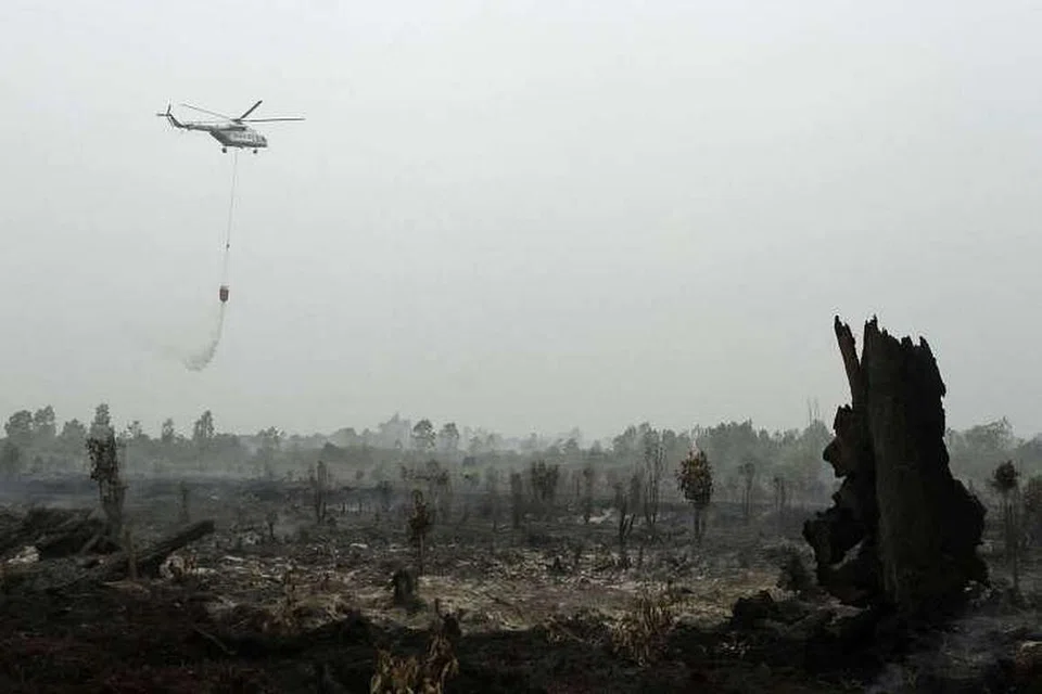 Sebuah helikopter Badan Nasional Pengurusan Bencana (BNPB) Indonesia sedang memadam api di Kamapr di Riau pada Isnin (29 Ogos). 