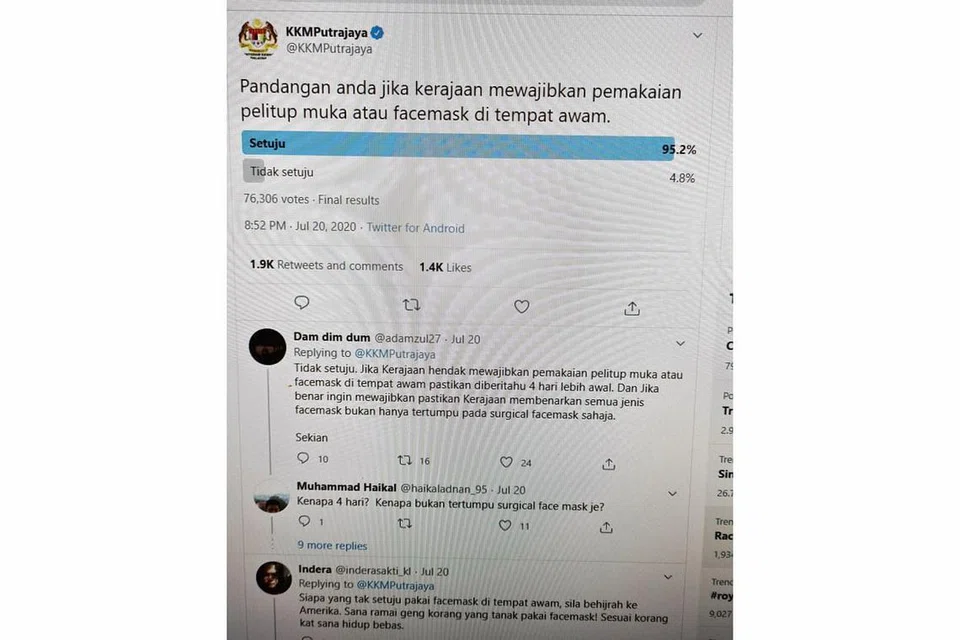 KAJI SELIDIK MELALUI TWITTER: Kaji selidik yang dibuat melalui akaun twitter KKMPutrajaya mendapati bahawa 95 peratus bersetuju jika kerajaan mewajibkan pemakaian pelitup muka. - Foto BH
