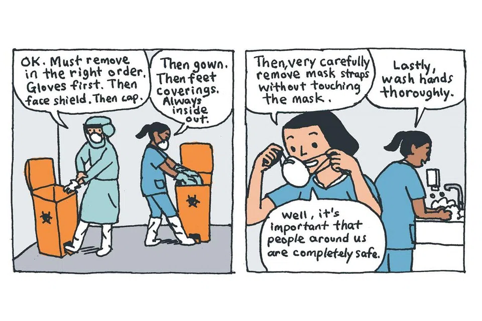 KISAH-KISAH COVID-19: "RAGAM SERAGAM" (Kiri) - OK. Mesti buka dengan betul. Mula-mula sarung tangan. Kemudian pelindung muka. Baru topi. - Kemudian gaun. Baru penutup kaki. Sentiasa dari dalam ke luar. (Kanan) - Kemudian tanggalkan tali pelitup tanpa memegang pelitup. - Akhir sekali basuh tangan sehingga bersih. - Adalah penting untuk pastikan orang di sekeliling kita berada dalam keadaan selamat sepenuhnya. 