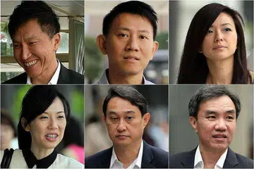 BAKAL KETAHUI NASIB: Ikut putaran jam, dari kiri Kong Hee, Tan Ye Peng, Serina Wee, John Lam, Chew Eng Han, Sharon Tan. - Foto THE STRAITS TIMES
