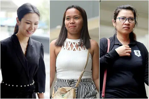 Belinda Huber (kiri) minta dibicarakan bagi satu tuduhan gagal menyediakan suasana selamat bagi pembantu rumah Taculad Rose Mae Mata (tengah). Cik Villegas Lyn Balbao (kanan), seorang lagi pembantu rumah yang bekerja di sebelah rumah Huber, ternampak Cik Mata membersihkan bumbung kaca rumah Huber.
