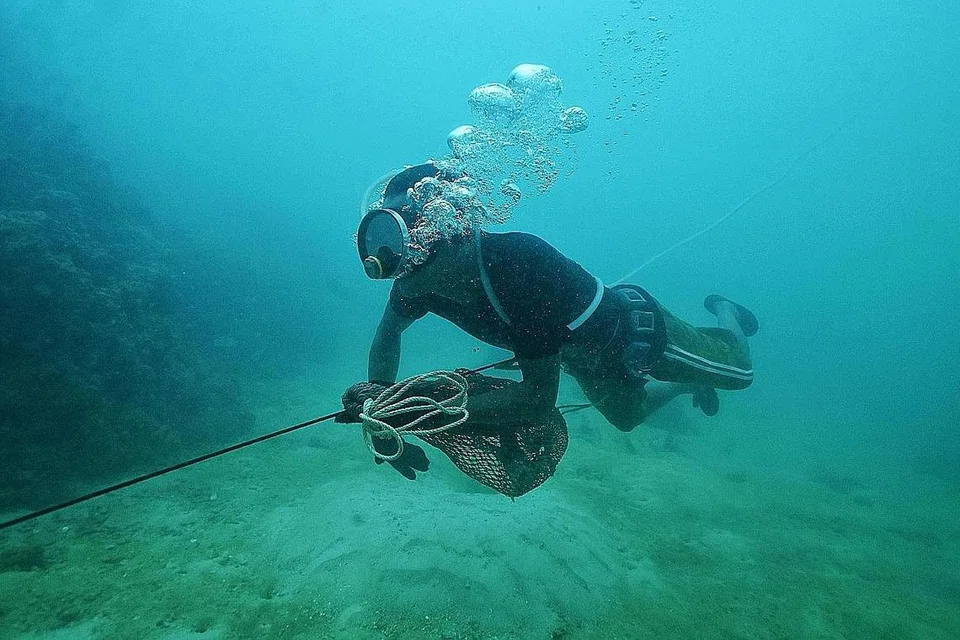 MUDAH TANGKAP IKAN: Encik Sanam Changnam menunjukkan kebolehannya menangkap ikan di dalam laut di perairan dekat Phuket menggunakan tombak. - Foto AFP