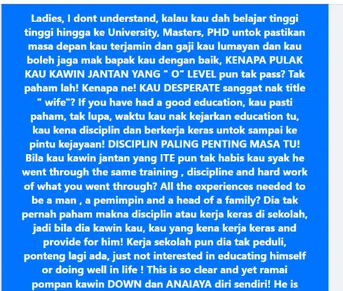 Hantaran di akaun media sosial Facebook peguam, Encik Rudy Marican, yang mempersoal mengapa kaum wanita yang berpelajaran tinggi memilih pasangan berpendidikan lebih rendah.