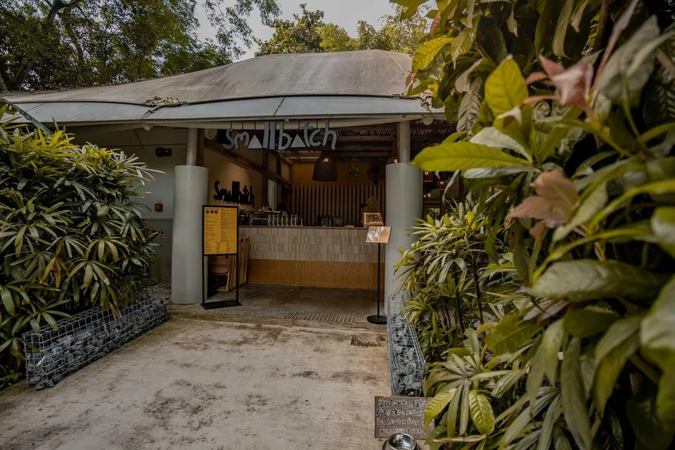 Kafe Small Batch dikelilingi taman menghijau dan nyaman. 
