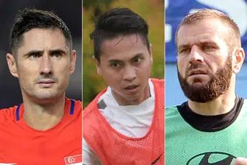 BERPENGALAMAN: (Dari kiri) Bennett, Shahril dan Mustafic merupakan antara pemain paling berpengalaman bola sepak Singapura dan telah bermain dalam pertandingan besar sebelum ini. - Foto-foto fail